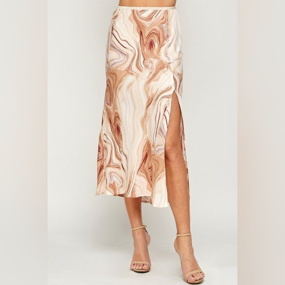 Satin Marble Print Midi Skirt
